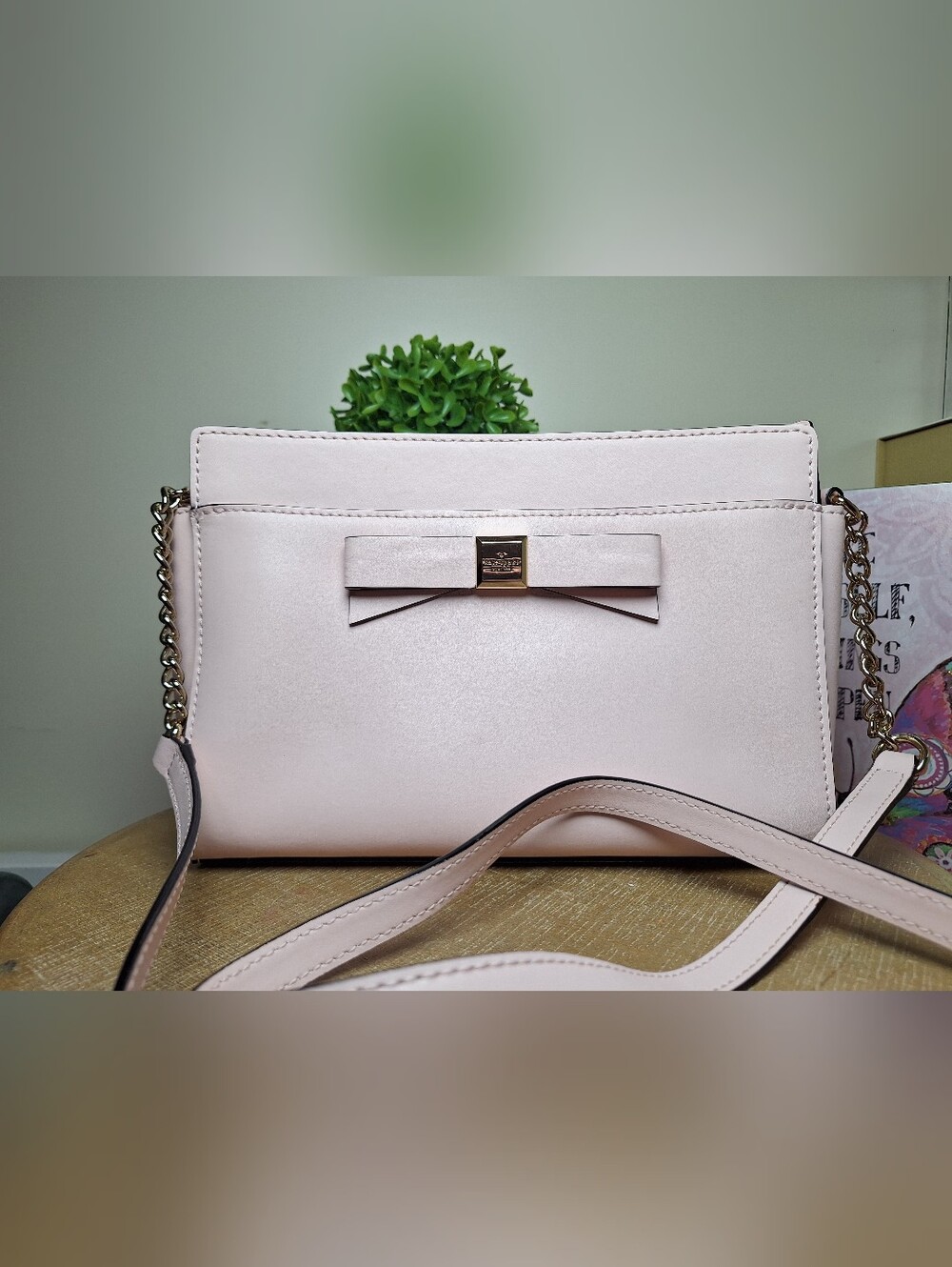 Kate Spade Blush Pink Bow Crossbody Bag Gold Hardware Pastel Clutch Purse